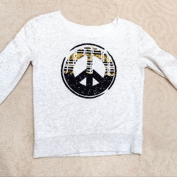 Like-New Flip Sequin Peace Sign Plaid To Gold Sweatshirt Girls Size 10 - Picture 2 of 5